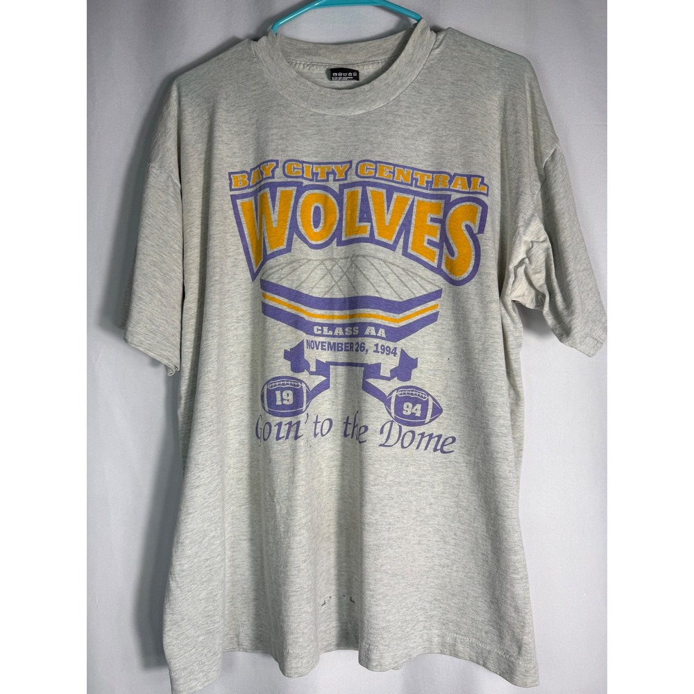 VTG 90s Bay City Central Wolves Football T Shirt XL Fruit of‎ the Loom USA MADE